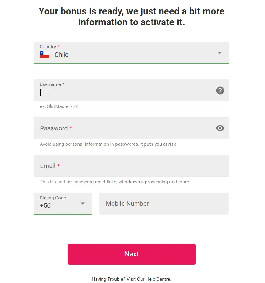 Formulario Spin Casino: registro con país México, usuario, contraseña, correo y teléfono